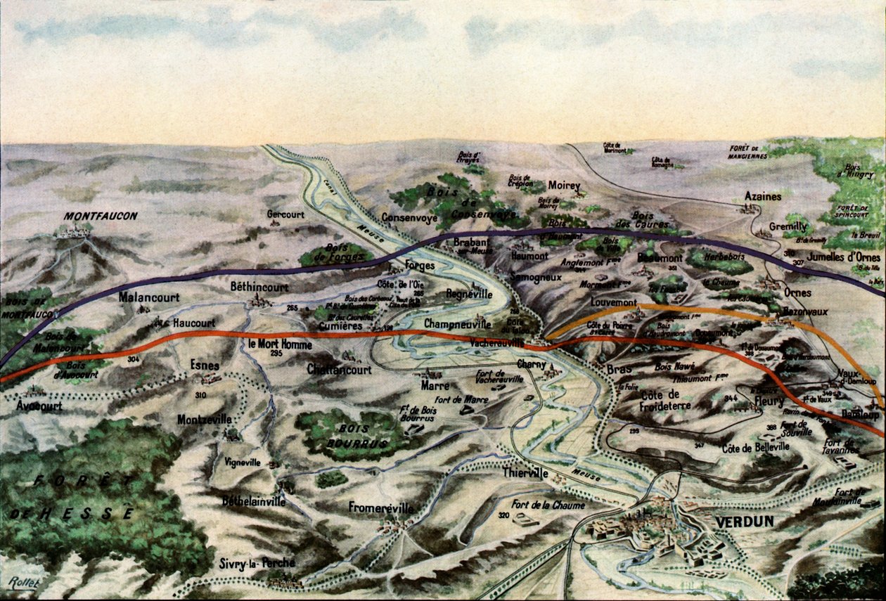 Fotografia di una mappa francese che mostra i campi di battaglia di Verdun, settembre 1916 da Jules Gervais Courtellemont