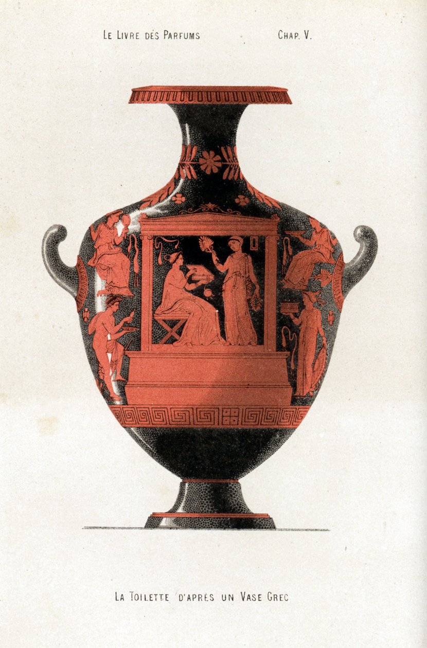 Vaso greco decorato con una donna alla toilette assistita da una schiava che sventola un ventaglio da Jules (after) Cheret