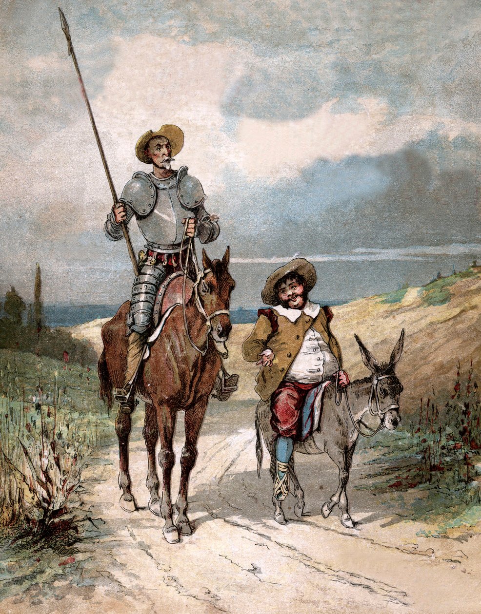 Don Chisciotte e Sancho Panza, illustrazione del libro di Miguel de Cervantes "Histoire de Don Quichotte", incisione dopo Jules David da Jules (after) David