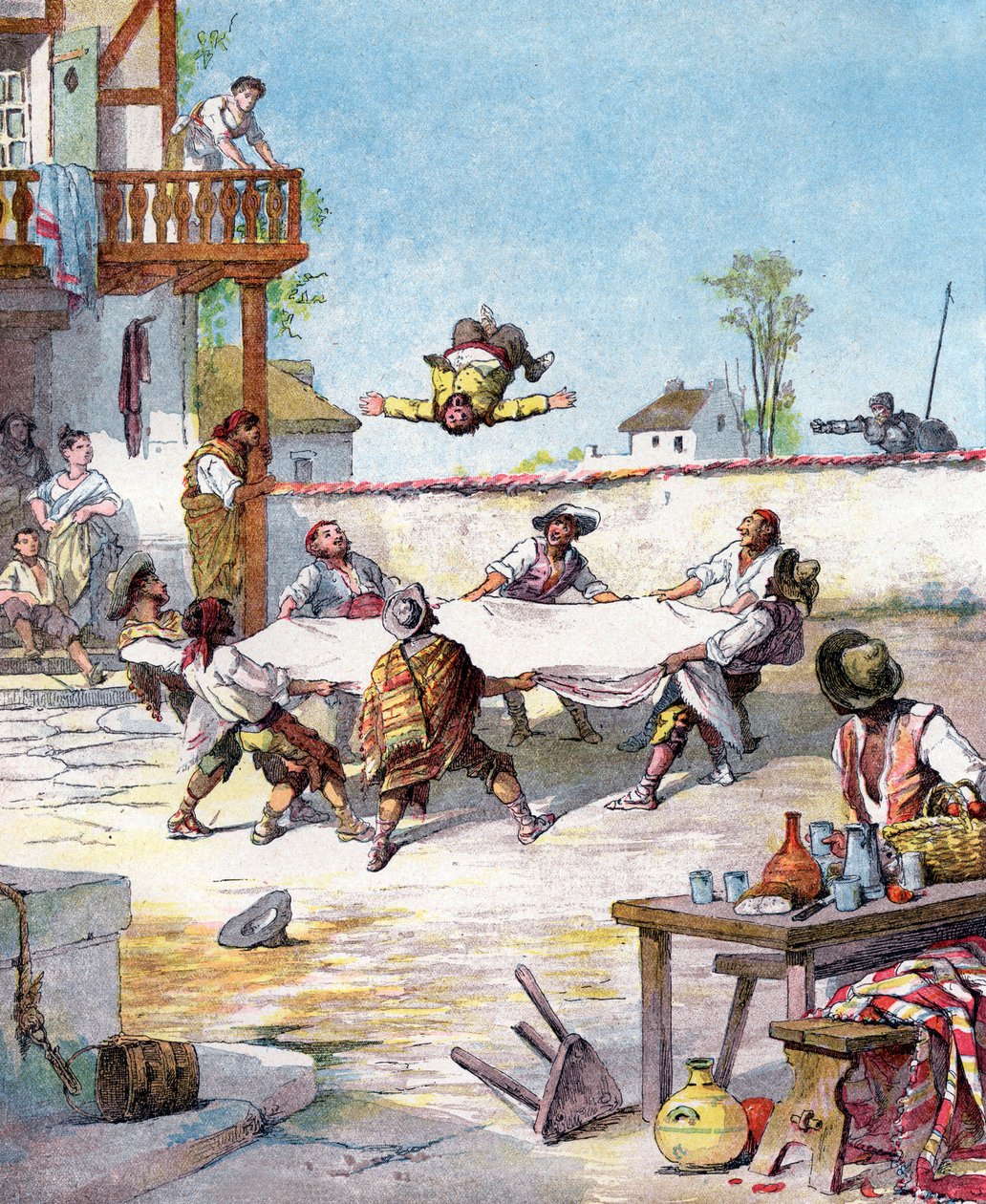 In locanda, Sancho Panza viene maltrattato, chiama il suo padrone Don Chisciotte per aiutarlo, illustrazione del libro di Miguel de Cervantes "Storia di Don Chisciotte", incisione dopo Jules David da Jules (after) David