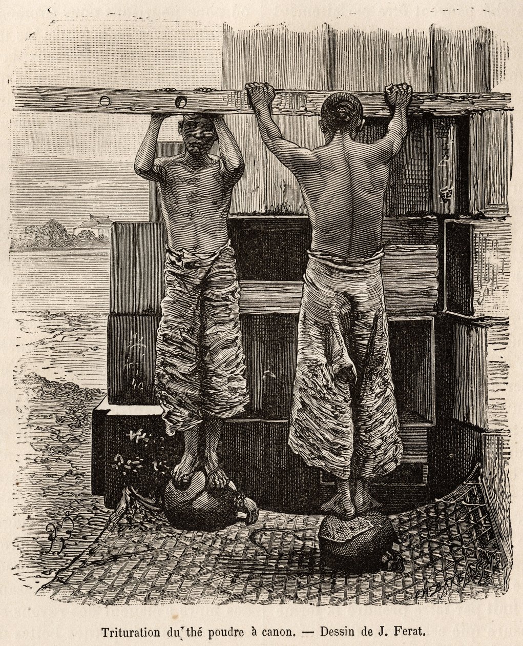 La frantumazione del tè in una fabbrica di polvere da sparo a Fati Bay (provincia di Canton) da Jules (after) Ferat