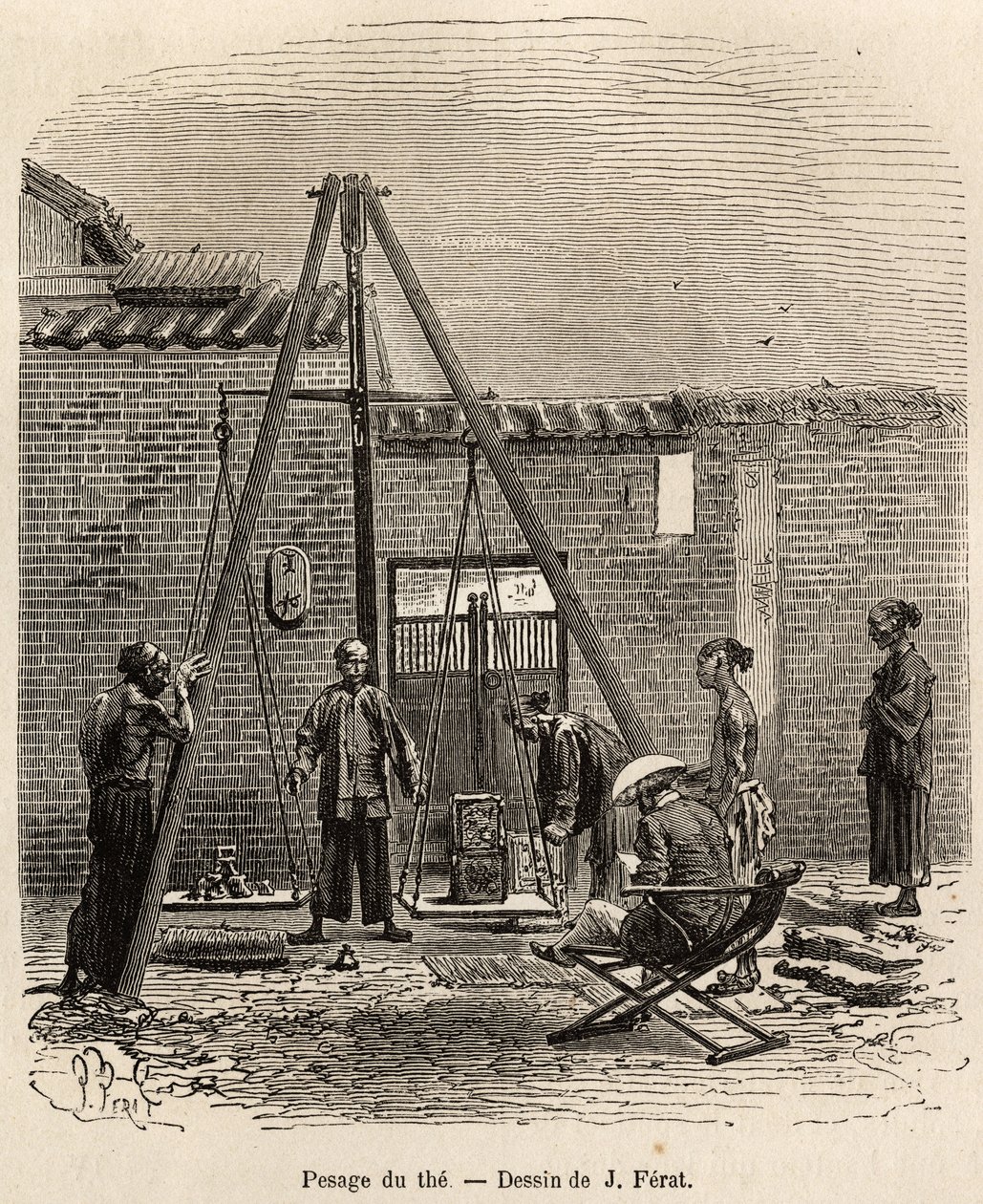 La pesatura del tè prima della sua spedizione sui mercati commerciali in una fabbrica di polvere da sparo a Fati Bay (Provincia di Canton), inciso da un disegno di J.Ferat illustrante il viaggio in Cina, di J. Thompson, nel 1870-1872, pubblicato in "Le tou da Jules (after) Ferat