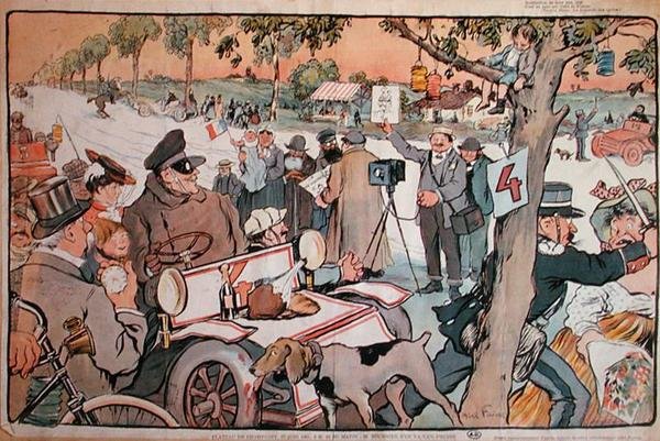 Caricatura di M. Fournier che parte per il rally Parigi-Berlino da Jules Abel Faivre
