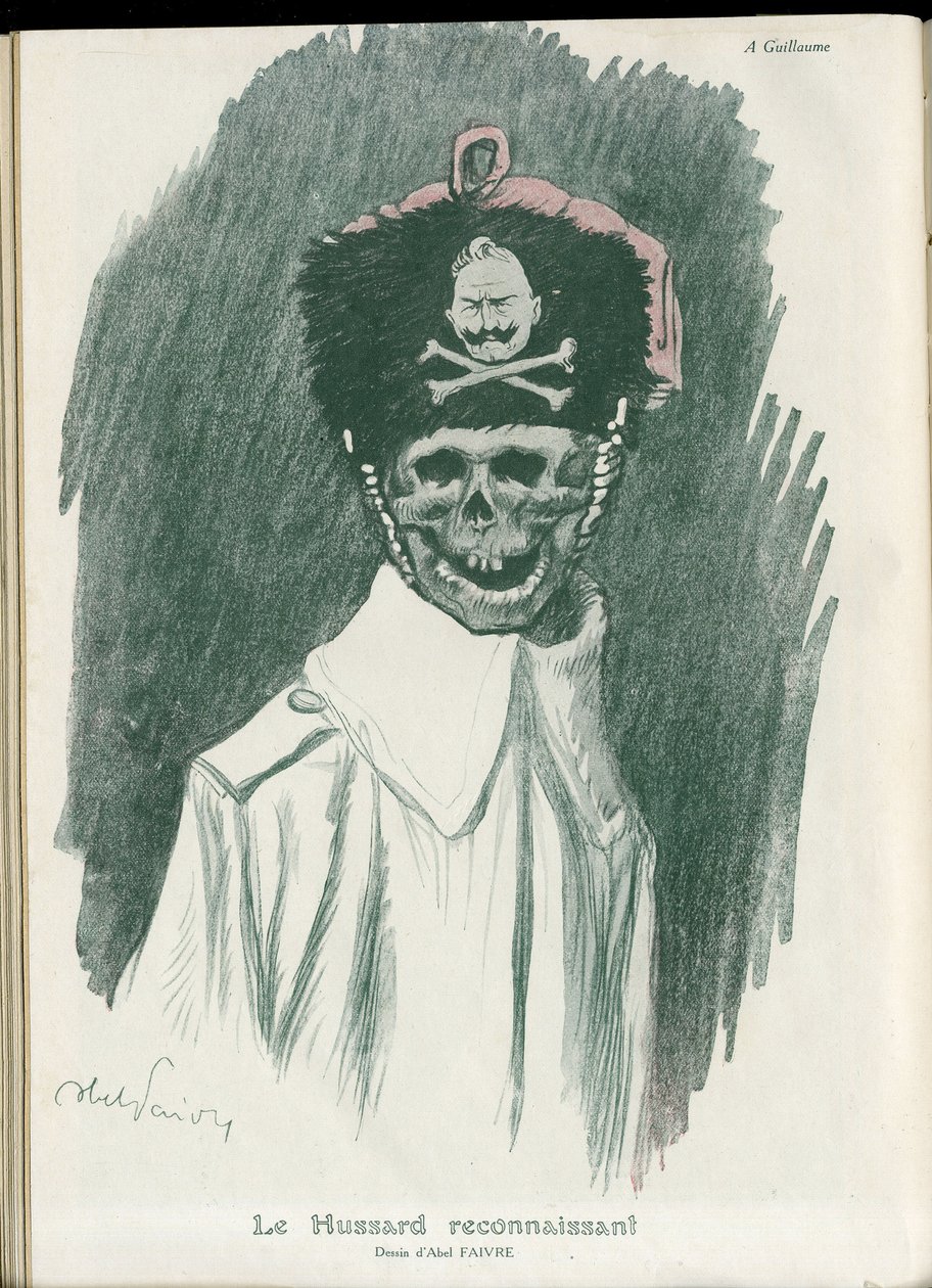 Illustrazione di Abel Faivre (1867-1945) in Fantasio, 01/05/15 - Il grato Ussaro - Guerra del 14-18, Germania Prussiana - Guglielmo II, Mietitore/Compagno - Morte, Volti Sorridenti da Jules Abel Faivre