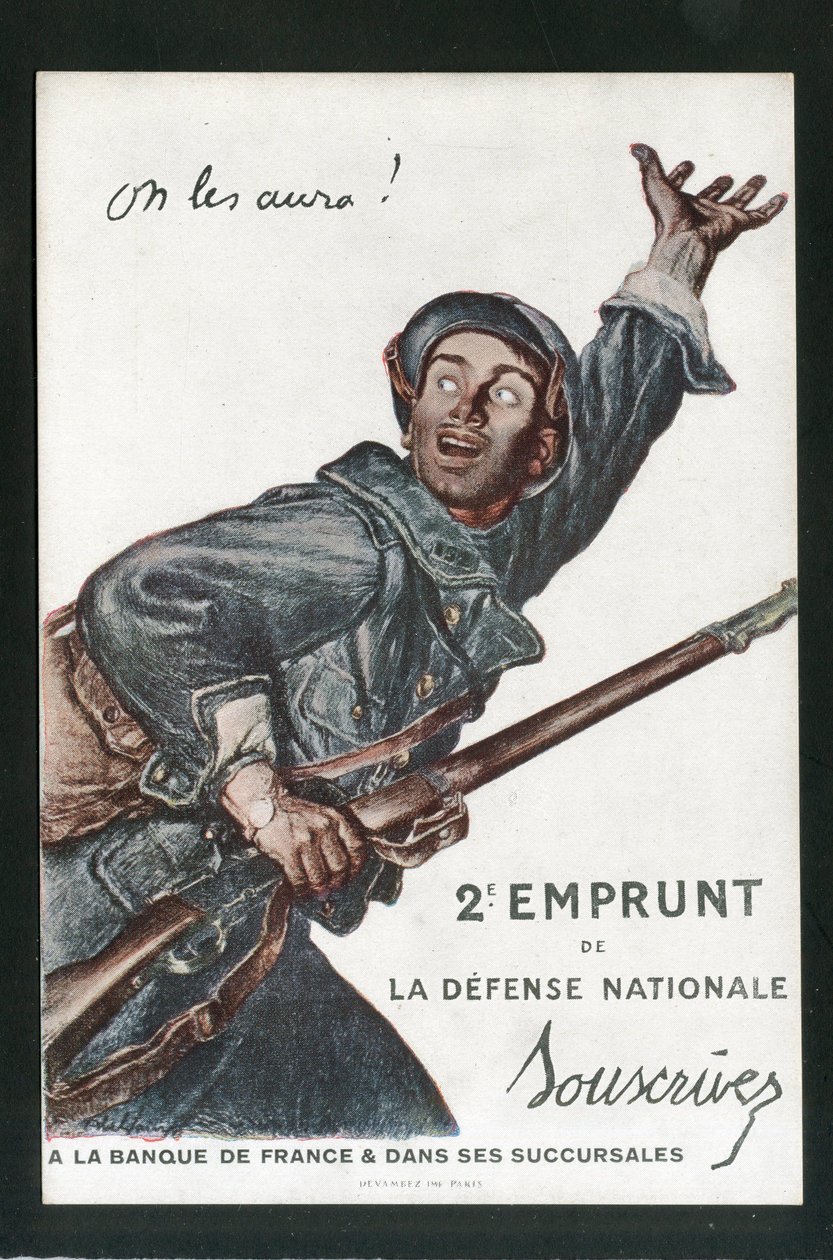 Cartolina, Satirico a Colori: Guerra del 14-18, Prestito, Giornate Patriottiche - Illustrazione di Soldati di Abel Faivre (1867-1945) da Jules Abel Faivre