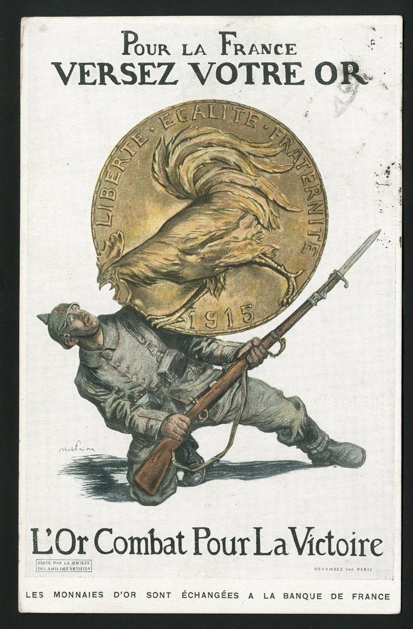 Cartolina, Satirico a colori, circa 1915: Per la Francia, Versa il tuo oro - Guerra del 14-18, Germania Prussia, Argento, Belligeranti e simboli, Vittoria, Prestito, Giornate patriottiche - Gallo - Illustrazione di Abel Faivre (1867-1945) da Jules Abel Faivre