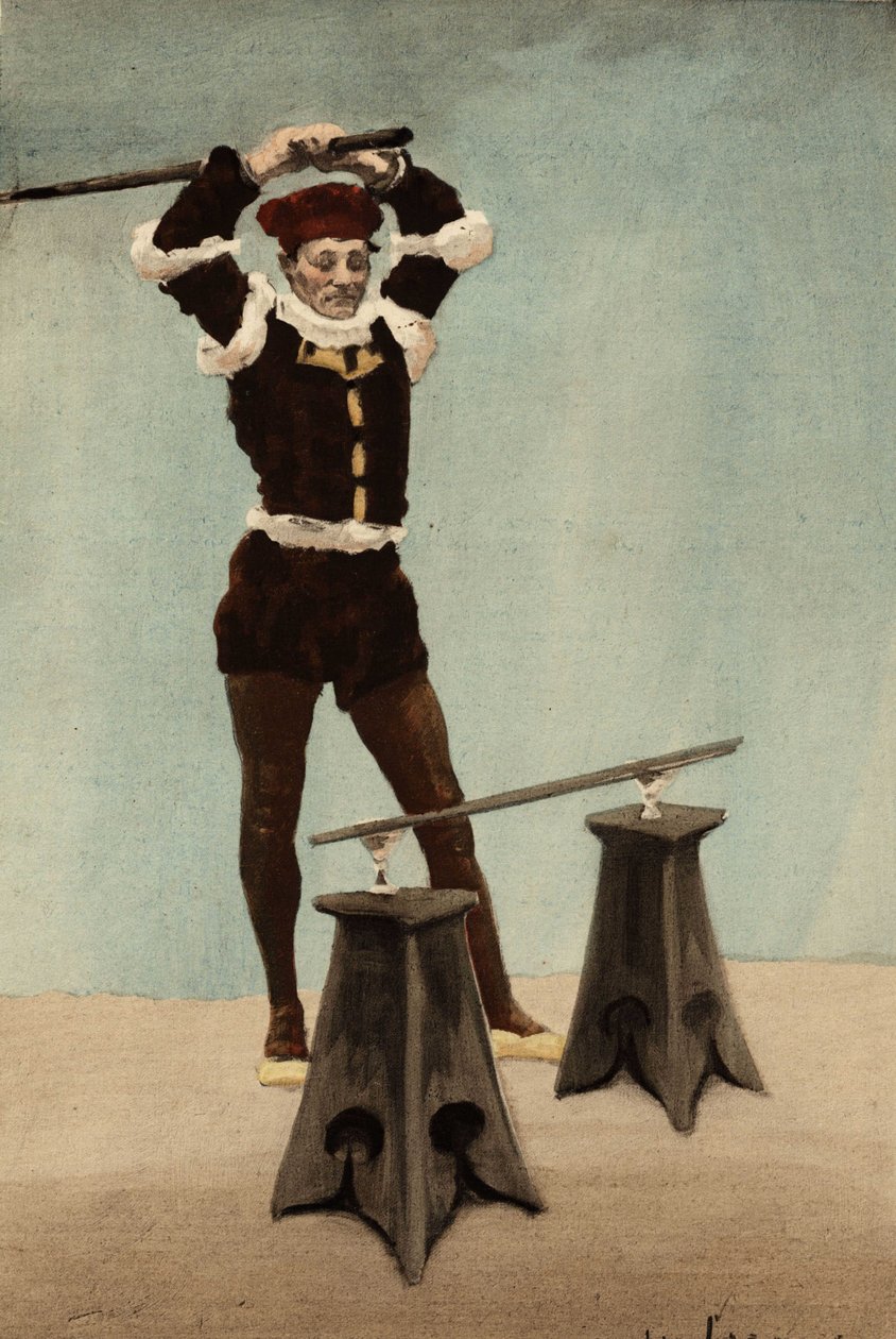 Eusthenes colpisce il bastone appeso a due bicchieri sistemati da Panurge. Pantagruel. Illustrazione di Jules Garnier. In "Rabelais e l