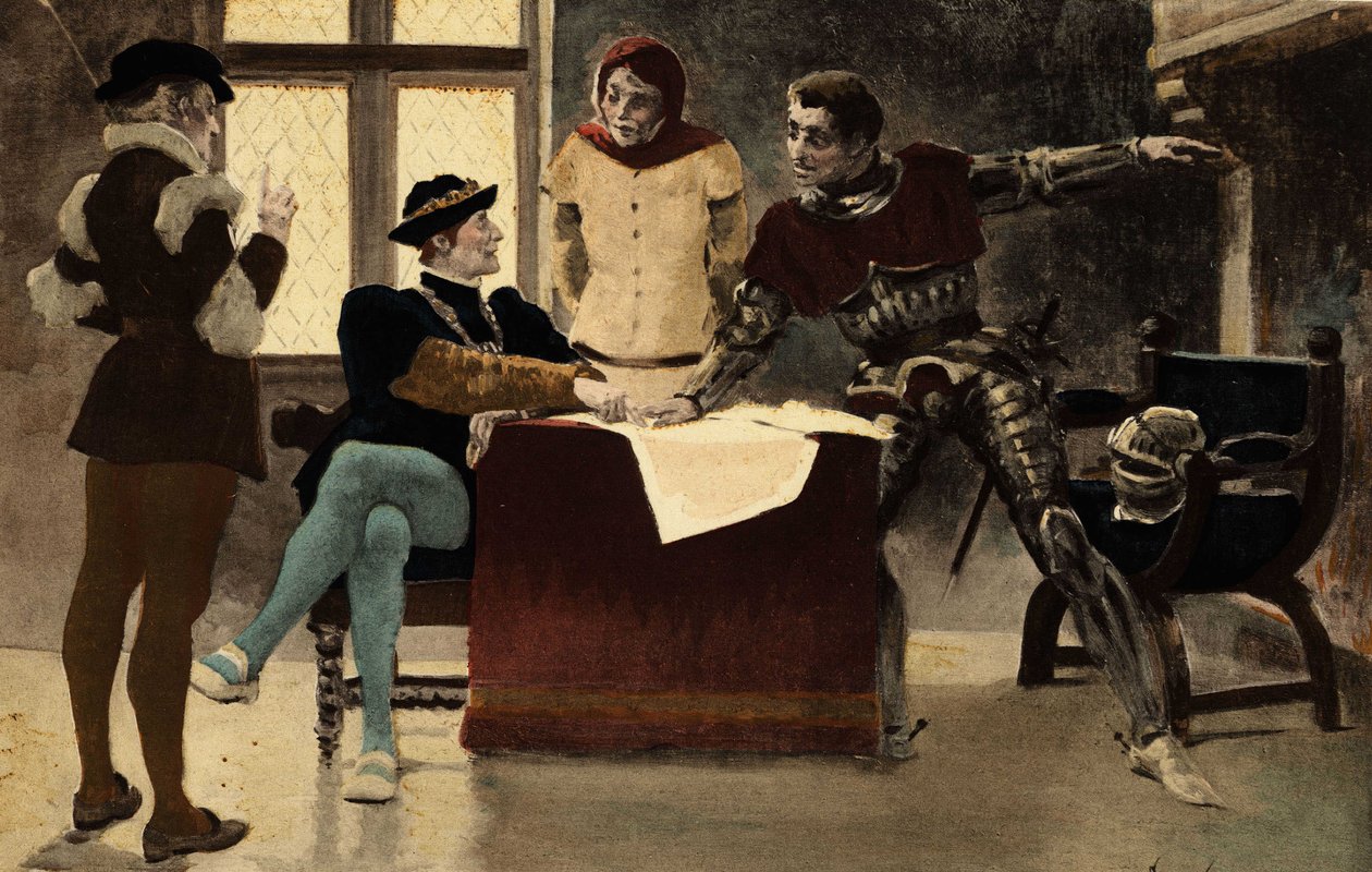 Il vecchio Echefrone (2° a destra) che consiglia Picrochole, re di Lerne (a destra). Gargantua. illustrazione di Jules Garnier. In "Rabelais e l