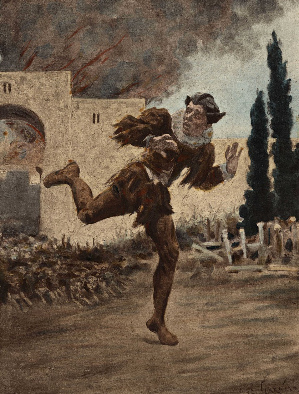 Panurgo inseguito da un branco di cani in fuga dalla città di Mitilene in fiamme (Turchia). Pantagruel. Illustrazione di Jules Garnier. In "Rabelais e l