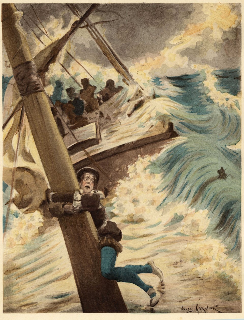 Panurge è appeso alla stuoia di una barca durante una tempesta. Pantagruel. illustrazione di Jules Garnier. In "Rabelais e l