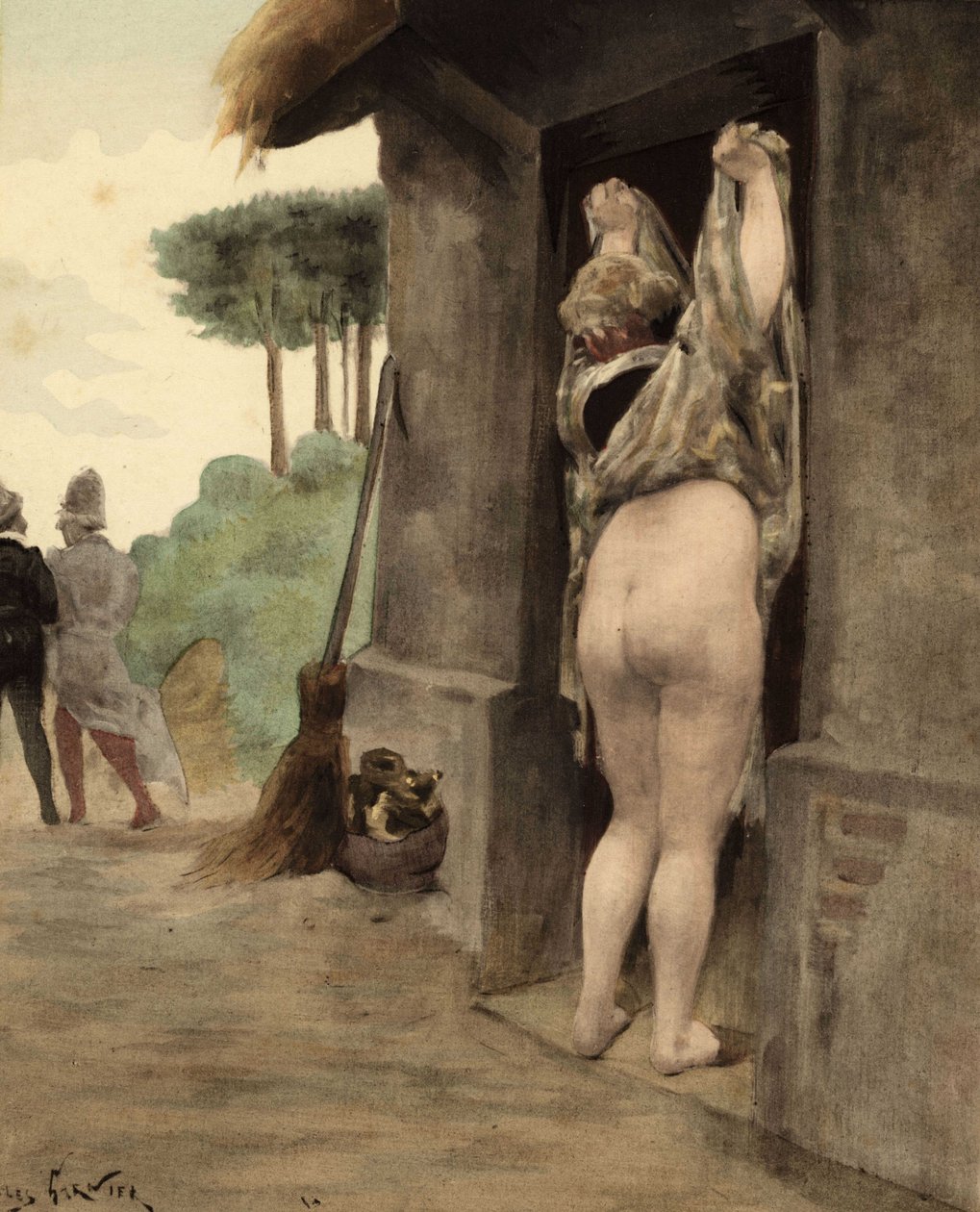 La Sibilla di Pantagruel si srotola il vestito e scopre il sedere mentre Panurgo ed Epistemon si allontanano. Pantagruel. La lustrazione di Jules Garnier. In "Rabelais e l