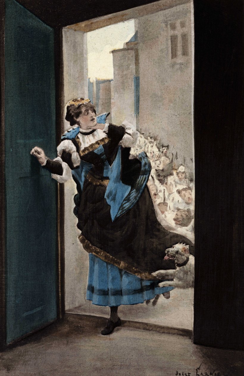 La donna di cui Panurge è innamorato torna a casa inseguita dai cani. Pantagruel. Illustrazione di Jules Garnier. In "Rabelais e l