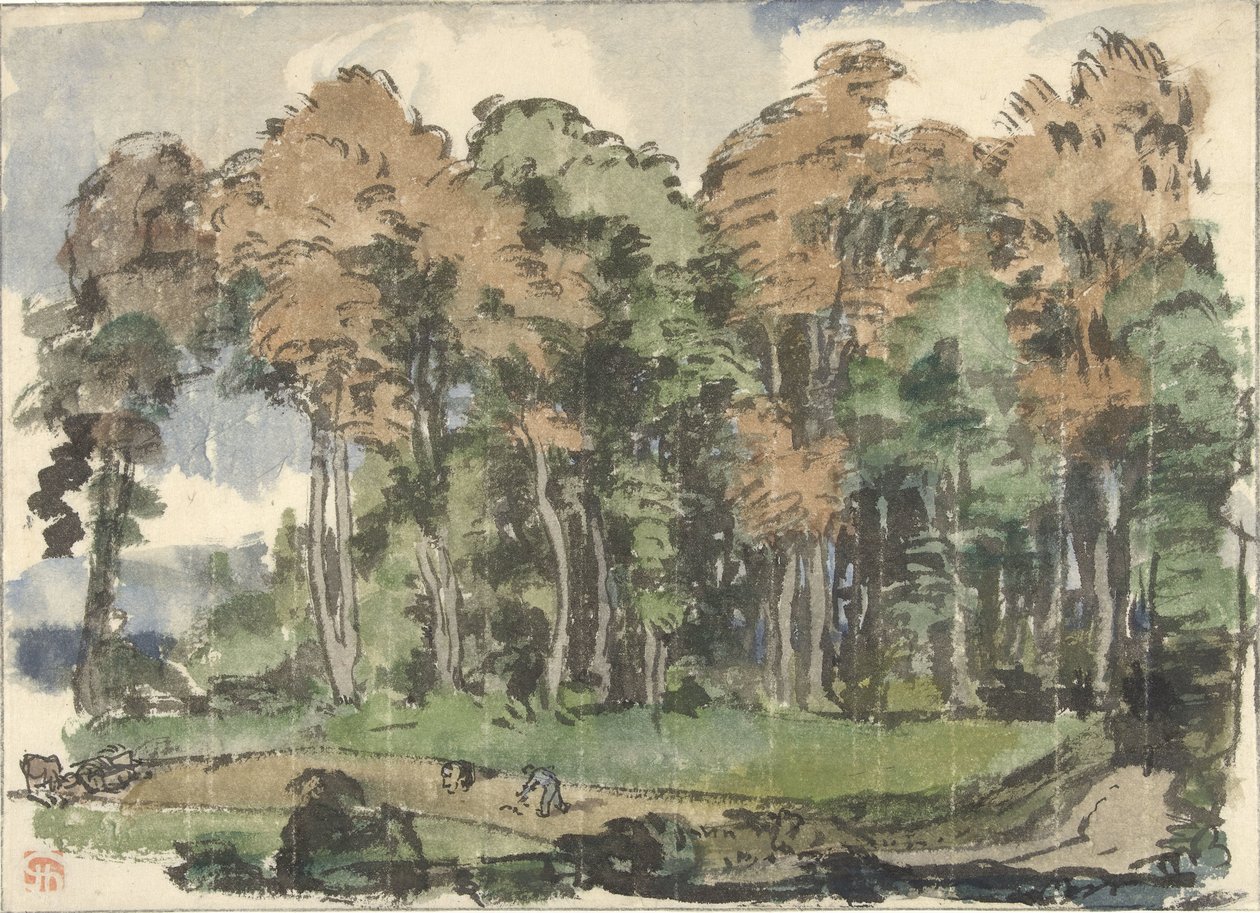 Strada al bordo di un bosco, con contadini al lavoro da Jules Chadel