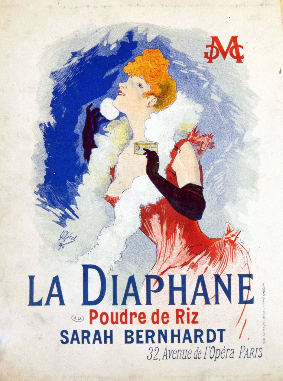 Pubblicità di "La Diaphane: Polvere di Riso" Henriette Rosine Bernard detta Sarah Bernhardt da Jules Cheret
