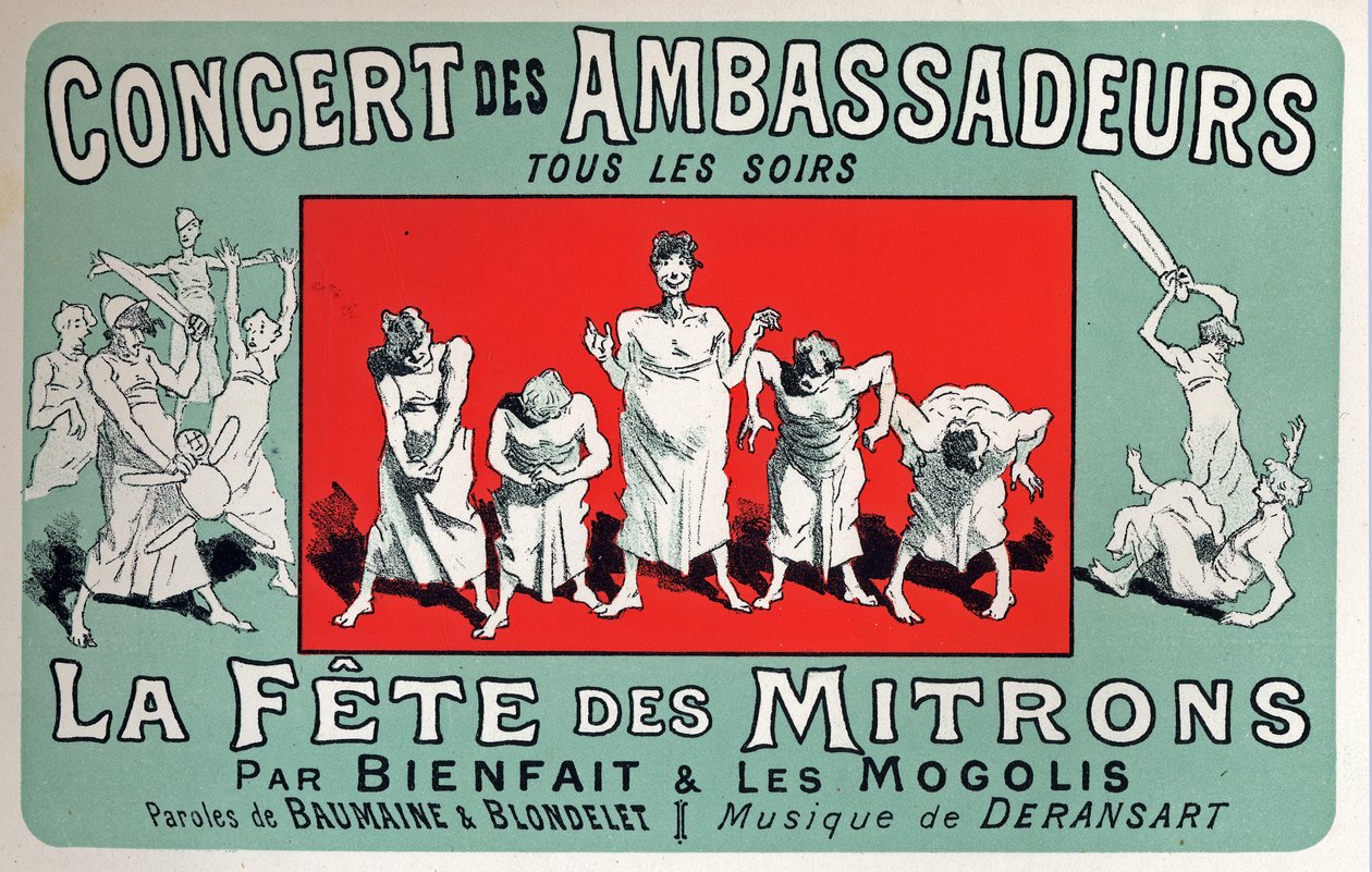 Arte. Intrattenimento. Festa dei ragazzi del fornaio al Cabaret: Concert des Ambassadeurs, Parigi. Poster di Jules Cheret, Francia, c.1880 (poster) da Jules Cheret
