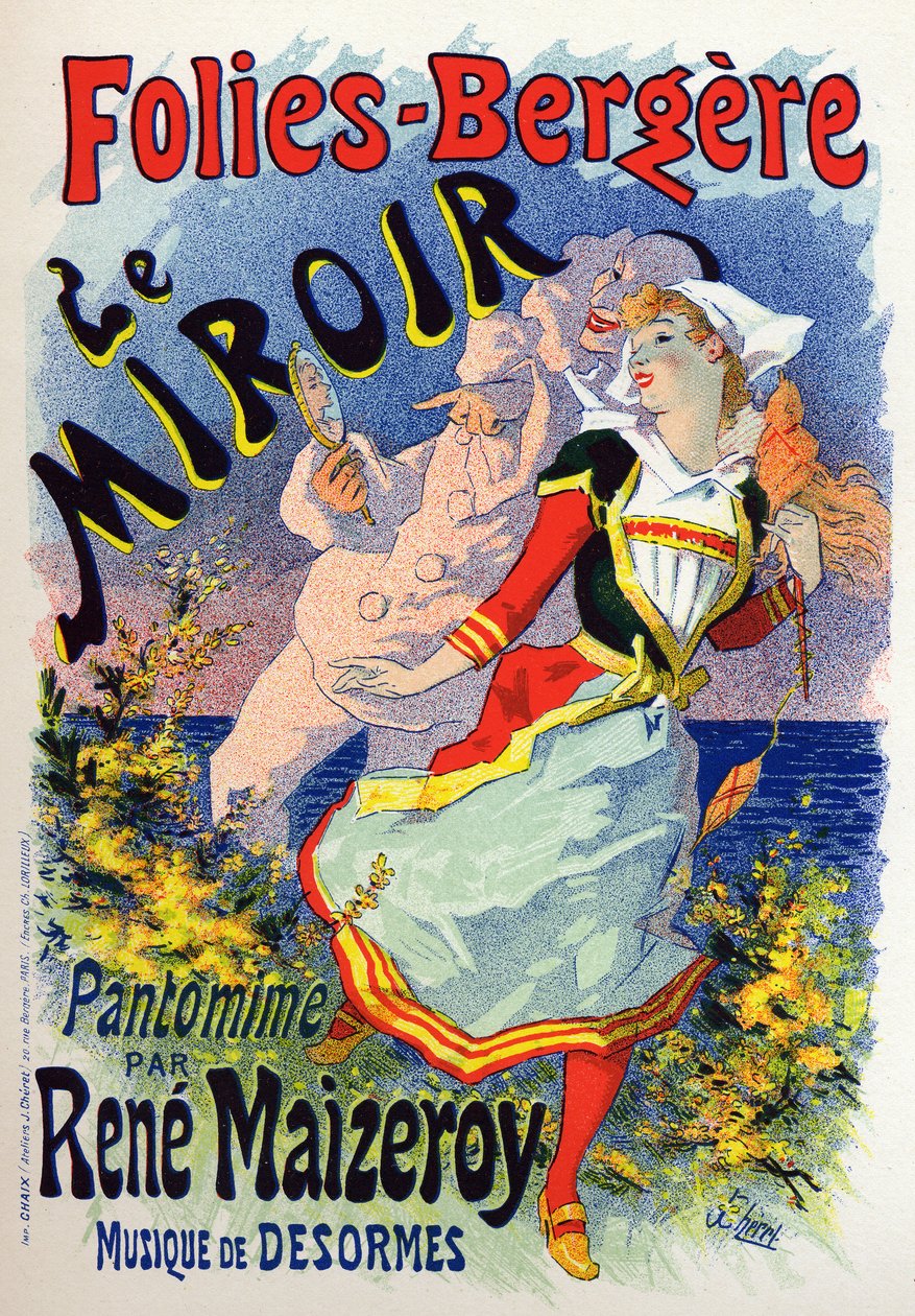 Arte. Intrattenimento. Lo specchio, spettacolo di mimo al cabaret Les Folies Bergeres, Parigi. Poster di Jules Cheret, Francia, c.1890 (poster) da Jules Cheret