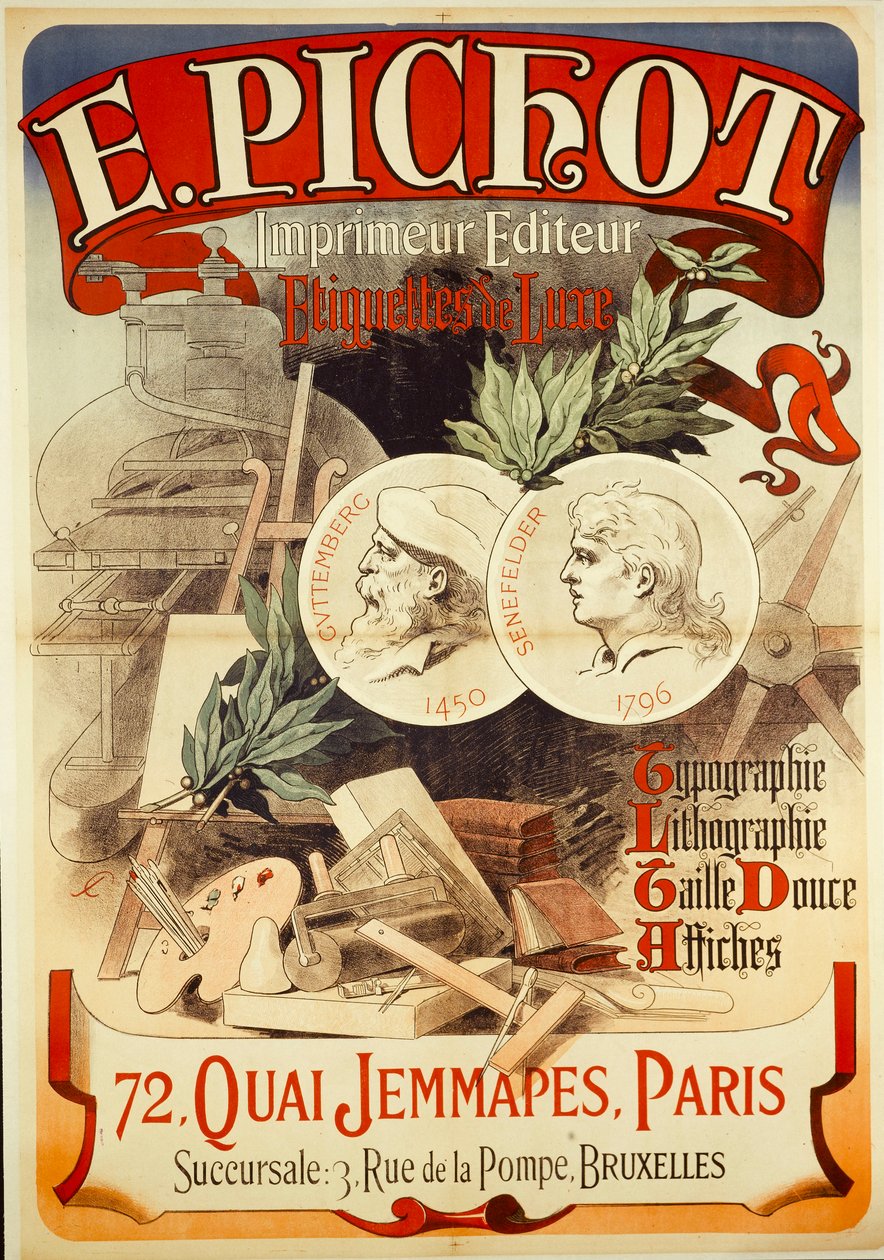 E.PICHOT/Drucker Herausgeber/ Luxus-Etiketten/ Typografie/ Lithografie/ Tiefdruck/ Plakate/ 72,QUAI JEMMAPES,PARIS da Jules Cheret