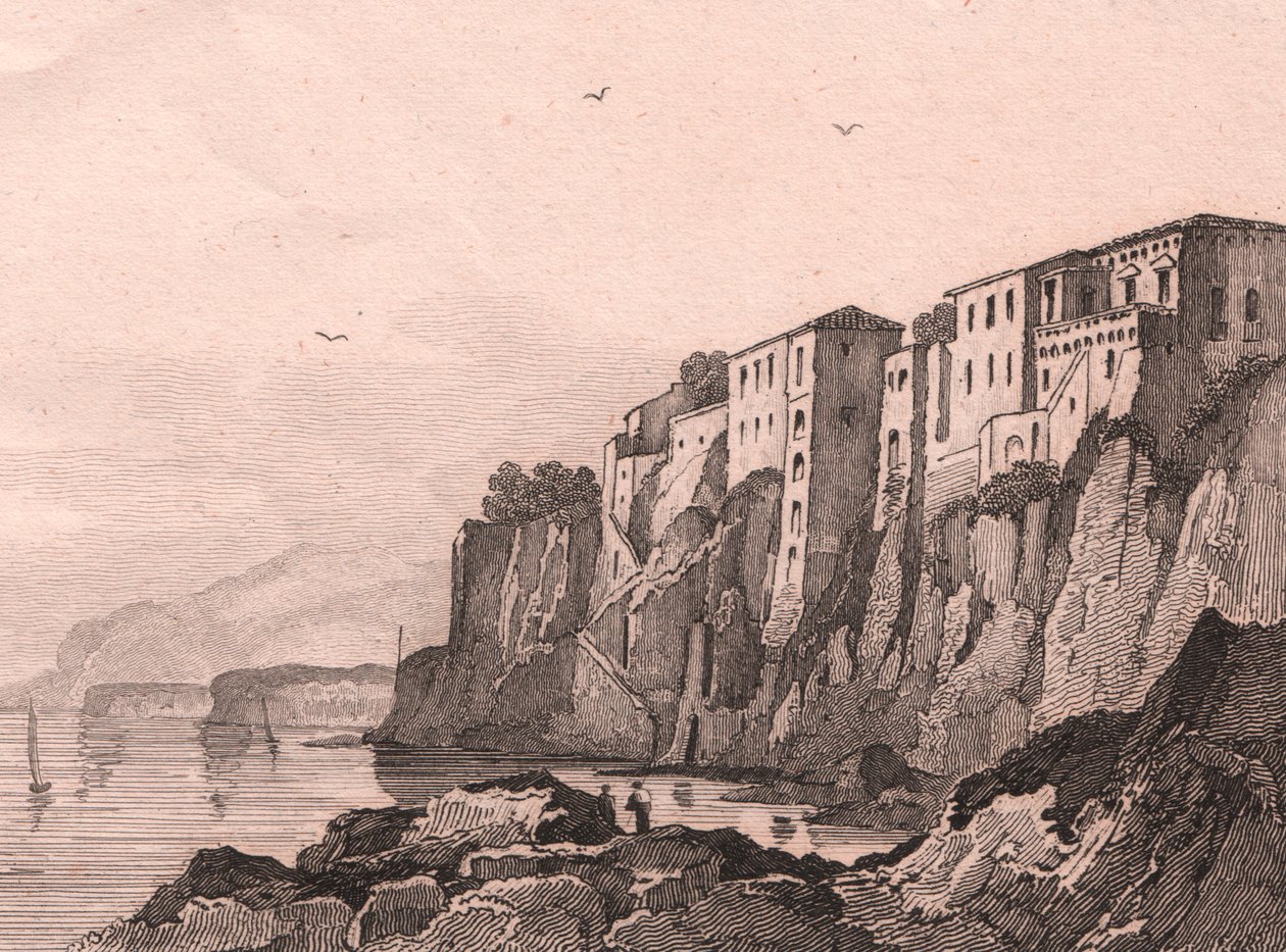 Veduta di Sorrento con casa di Torquato Tasso, Campania, Italia, incisione su acciaio di Sauvage dopo disegno di Jules Coignet da Jules Coignet