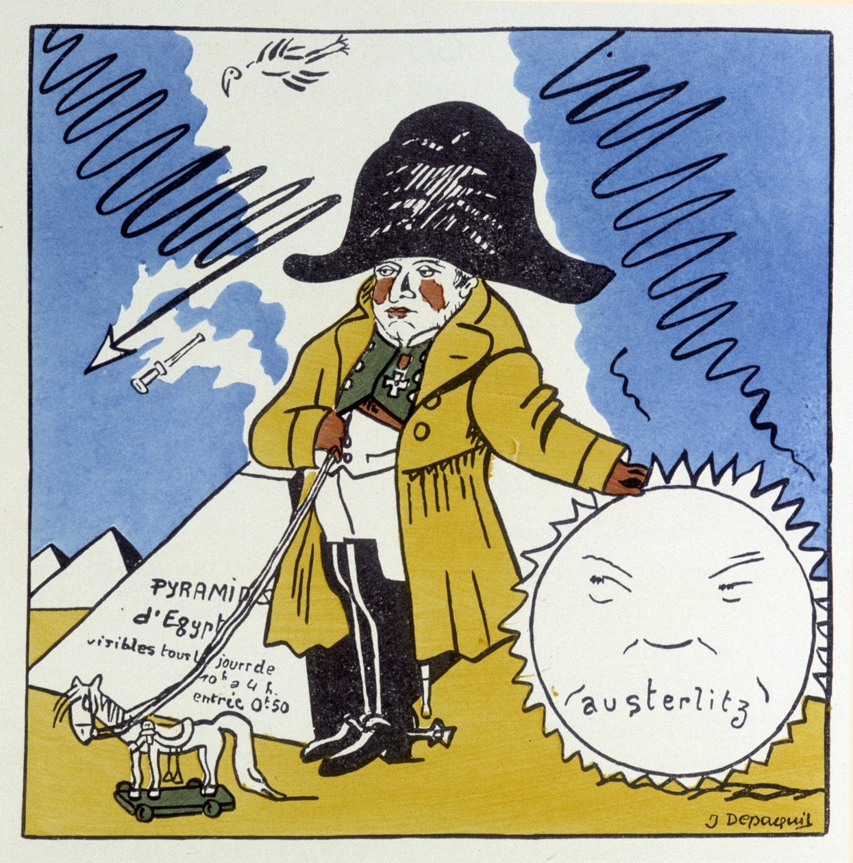 Austerlitz, Jena, Wagram: Caricatura su Napoleone I - in "Storia di Francia" di Jules Depaquit, ill. da lui stesso, ed. jonquières, Parigi da Jules Depaquit