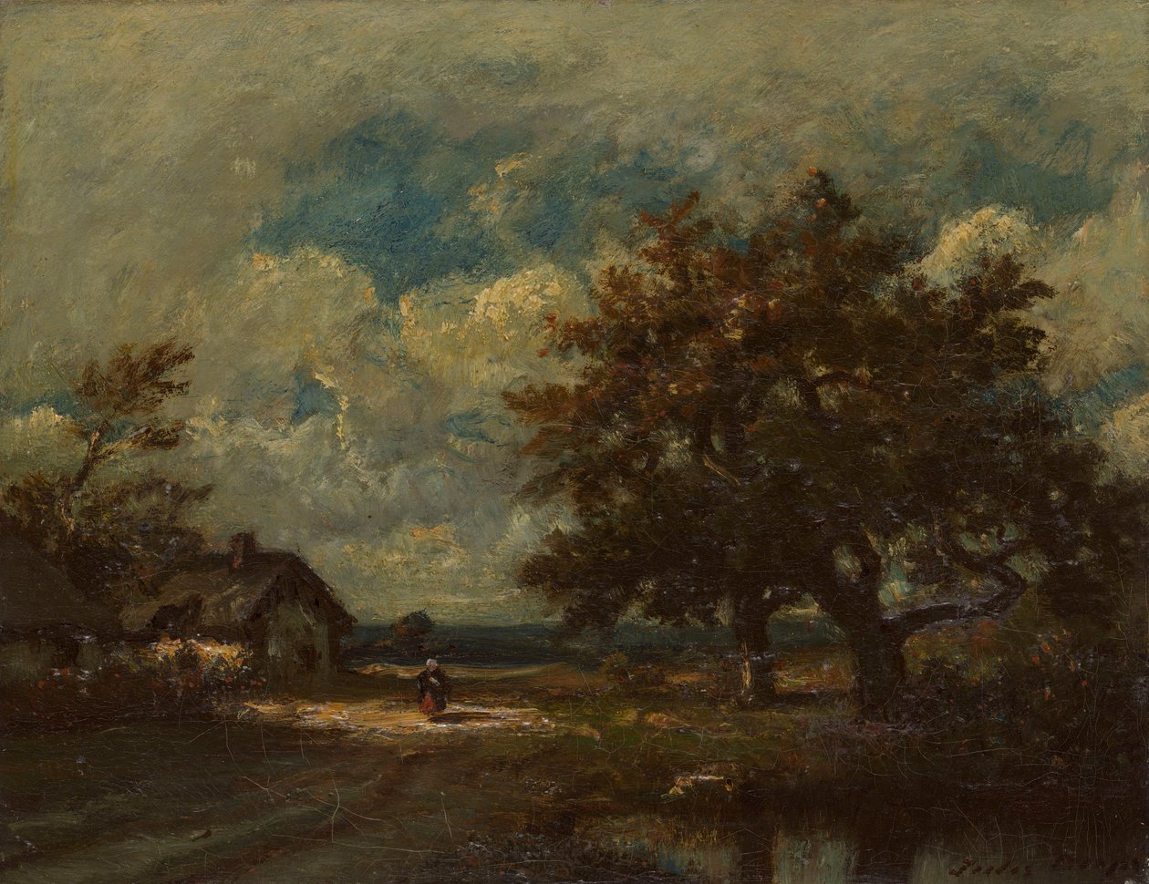 Il cottage lungo la strada, cielo tempestoso da Jules Dupré