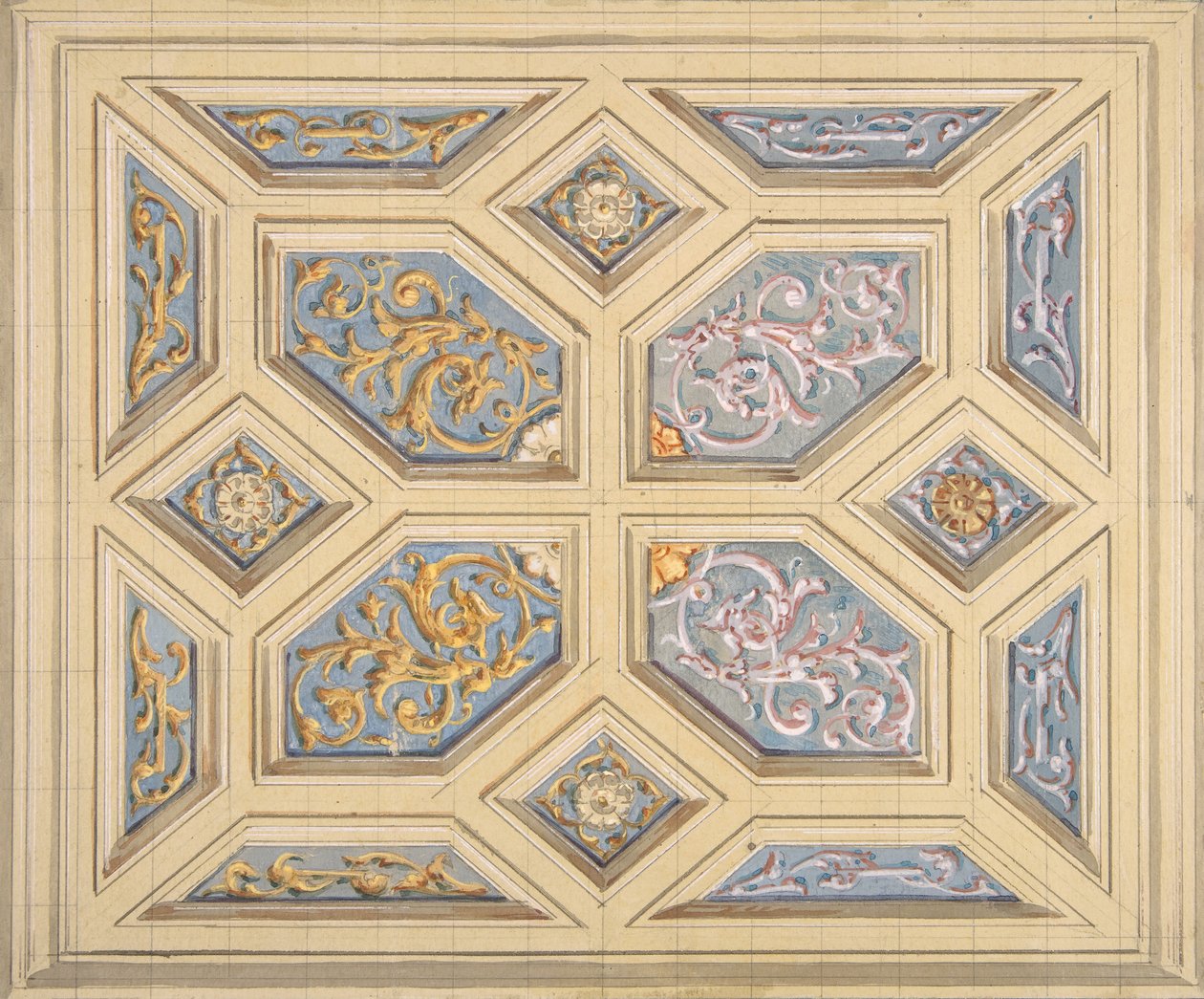 Progetto per un soffitto a cassettoni decorato con rinceaux da Jules Edmond Charles Lachaise and Eugène Pierre Gourdet