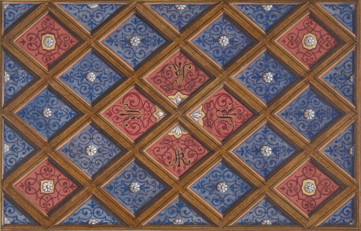 Progetto per un soffitto a cassettoni con iniziali dipinte: SRI, 1840-97 da Jules Edmond Charles Lachaise and Eugène Pierre Gourdet