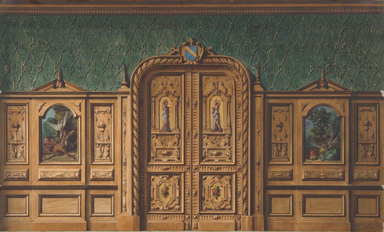 Progetto per una stanza con pannelli di legno incastonati con dipinti e una porta doppia pesantemente intagliata da Jules Edmond Charles Lachaise and Eugène Pierre Gourdet