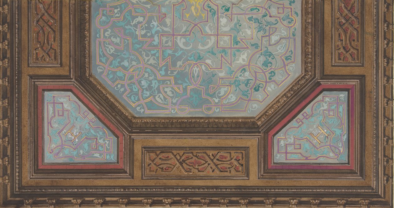 Progetto per la decorazione dipinta di un soffitto a cassettoni con il monogramma: H da Jules Edmond Charles Lachaise and Eugène Pierre Gourdet