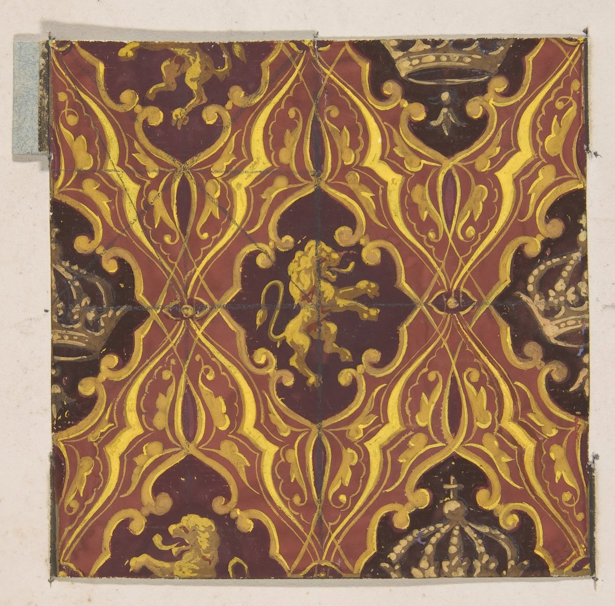 Design per carta da parati con leoni rampanti e corone, 1830-97 da Jules Edmond Charles Lachaise and Eugène Pierre Gourdet