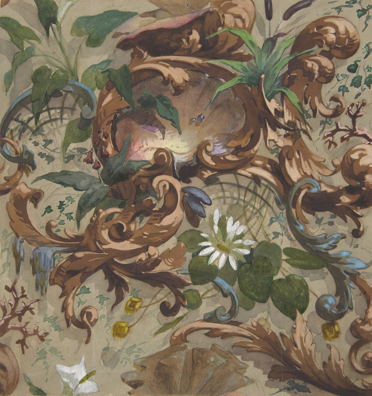 Progetto per carta da parati con conchiglie, ninfee e canne, 1830-97 da Jules Edmond Charles Lachaise and Eugène Pierre Gourdet