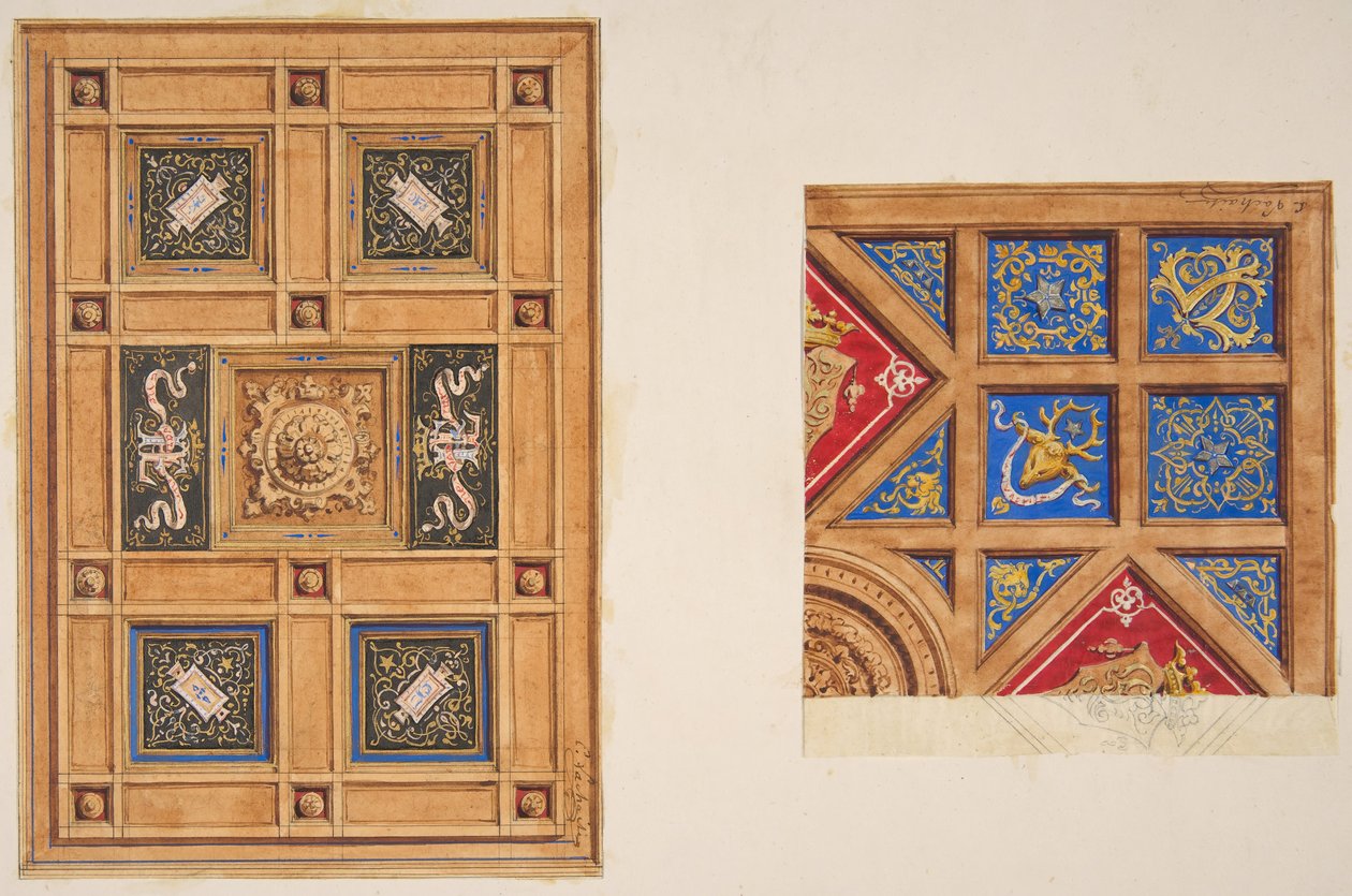 Due disegni per soffitto a pannelli con decorazione dipinta da Jules Edmond Charles Lachaise and Eugène Pierre Gourdet