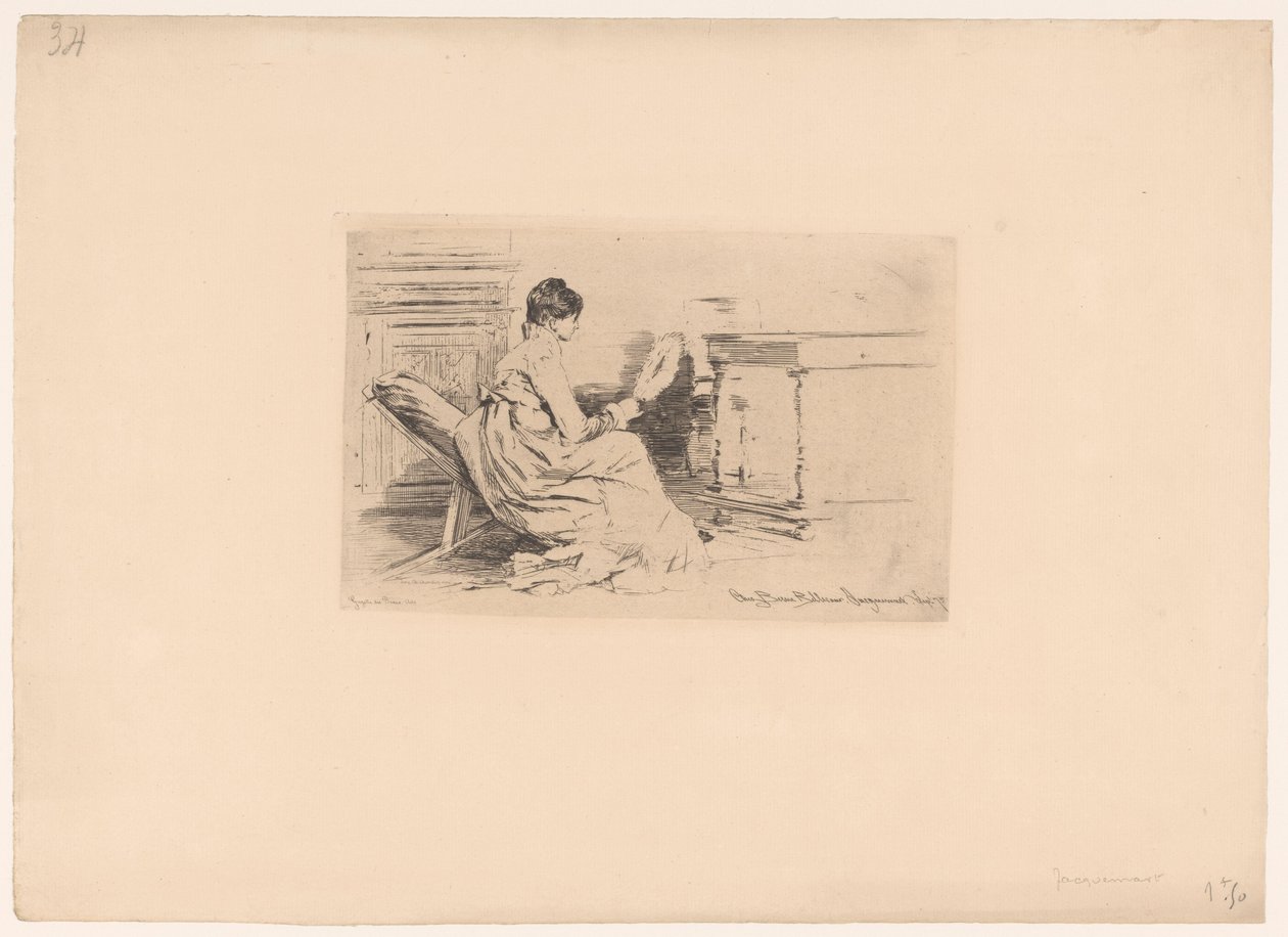 Donna con ventaglio su una sedia bassa da Jules Ferdinand Jacquemart (attributed to)
