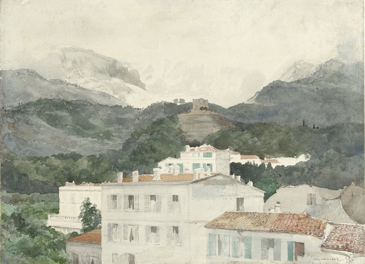 Case di campagna ai piedi delle montagne, alte montagne in lontananza, La Turbie da Jules Ferdinand Jacquemart