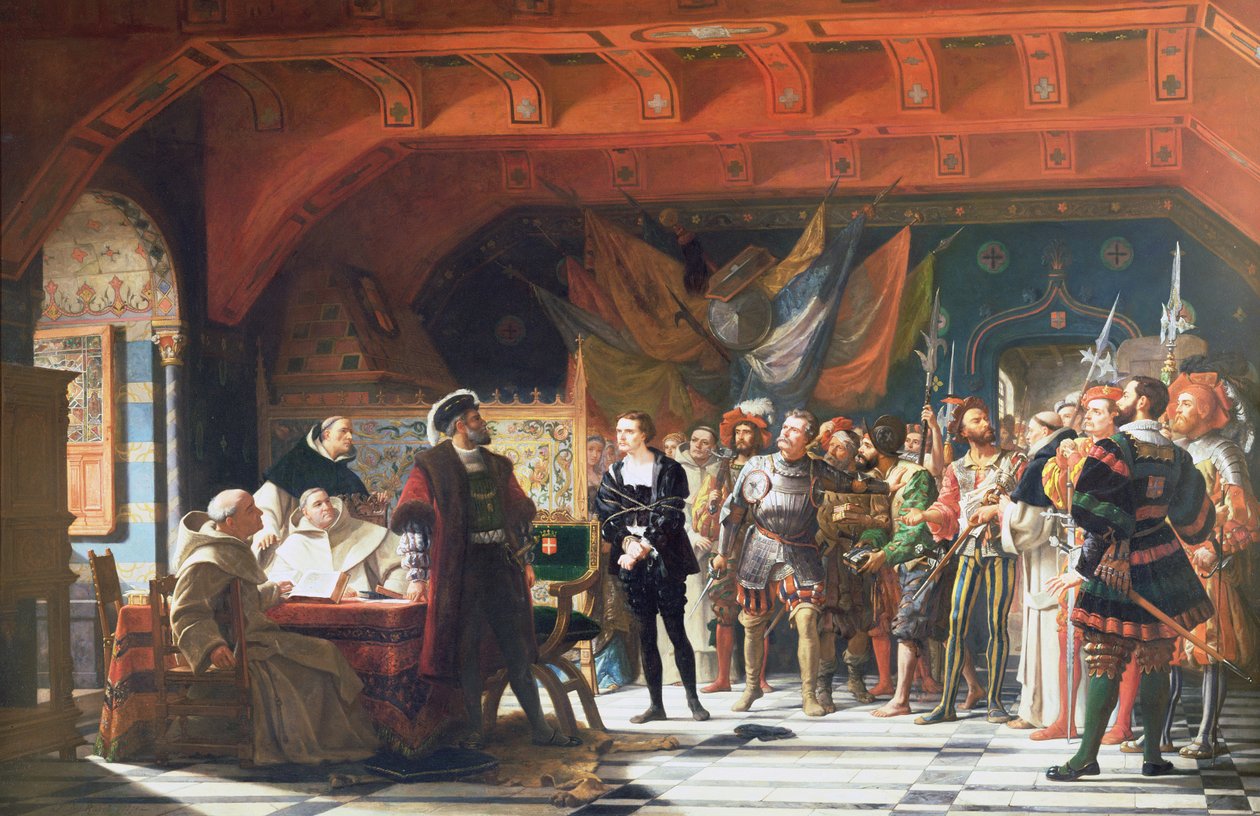 Francesco di Bonnivard (1496-1570) il prigioniero di Chillon, portato davanti al Duca di Savoia nel 1530, 1870 da Jules Hippolyte Ravel