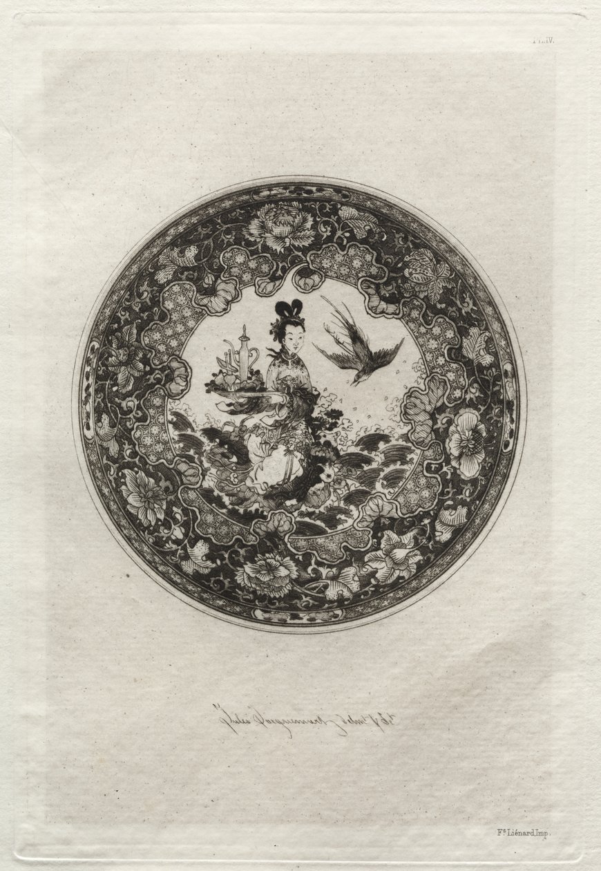 Piatto con fondo smaltato ricco e medaglione che rappresenta la dea Kounin da Jules Jacquemart