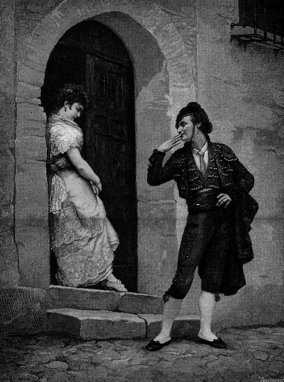 La partenza del torero per la corsa. XIX secolo. Incisione da un dipinto di Rougeron da Jules James Rougeron