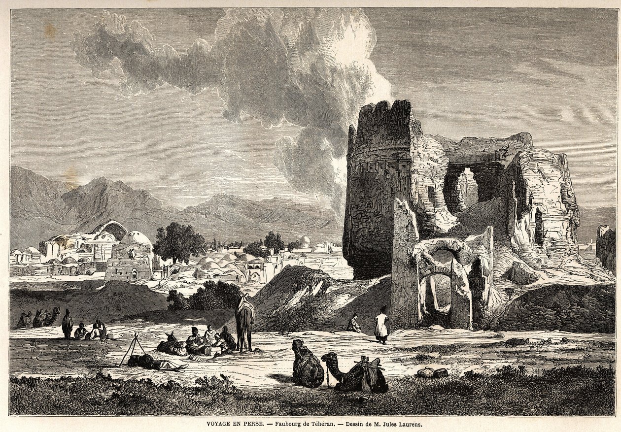 I sobborghi di Teheran (Iran odierno). Disegno di Jules Laurens per illustrare il viaggio di Arthur Gobineau in Persia dal 1855 al 1858. Incisione in "Le tour du monde, nouveau journal des voyages" Parigi da Jules Joseph Augustin Laurens