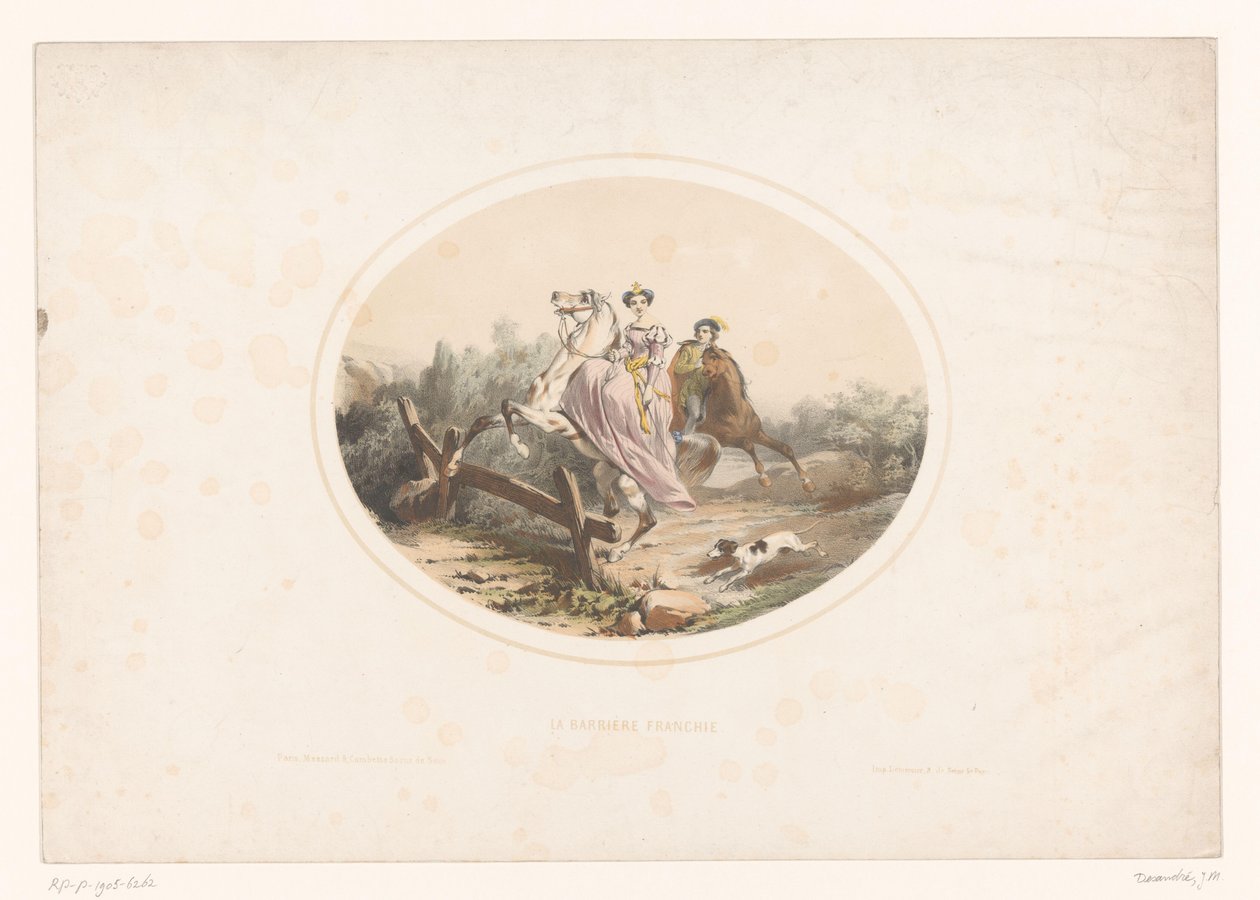 Nobile donna salta con il cavallo sopra una staccionata da Jules Marie Desandre