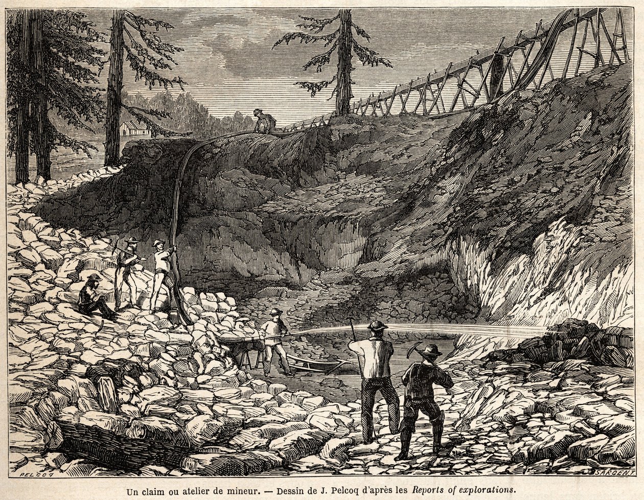 Una concessione mineraria o officina in California, disegno di Jules Pelcoq, per illustrare il viaggio del Barone de Wogan in California nel 1850-1852. Incisione in "Le tour du monde, nouveau journal des voyages" Parigi da Jules Pelcoq