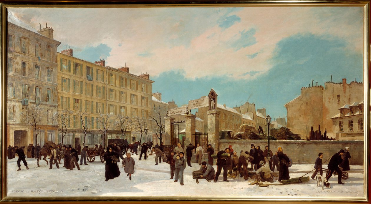Cantiere di legno a bruciare boulevard du Montparnasse nel gennaio 1871 - Scena di strada a Parigi da Jules and Guiaud Jacques  Didier