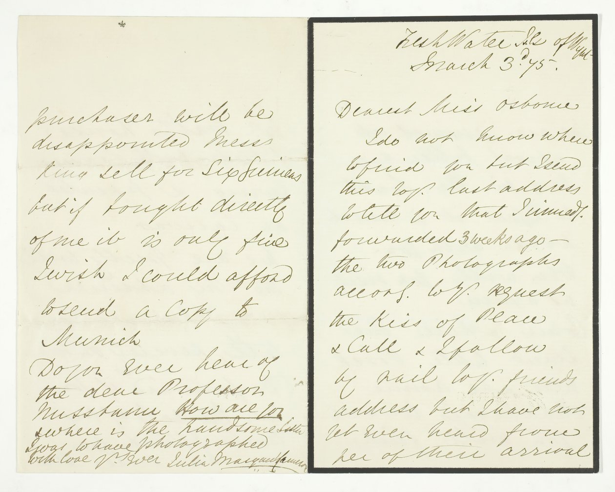 Lettera Autografa, 3 marzo 1875 da Julia Margaret Cameron