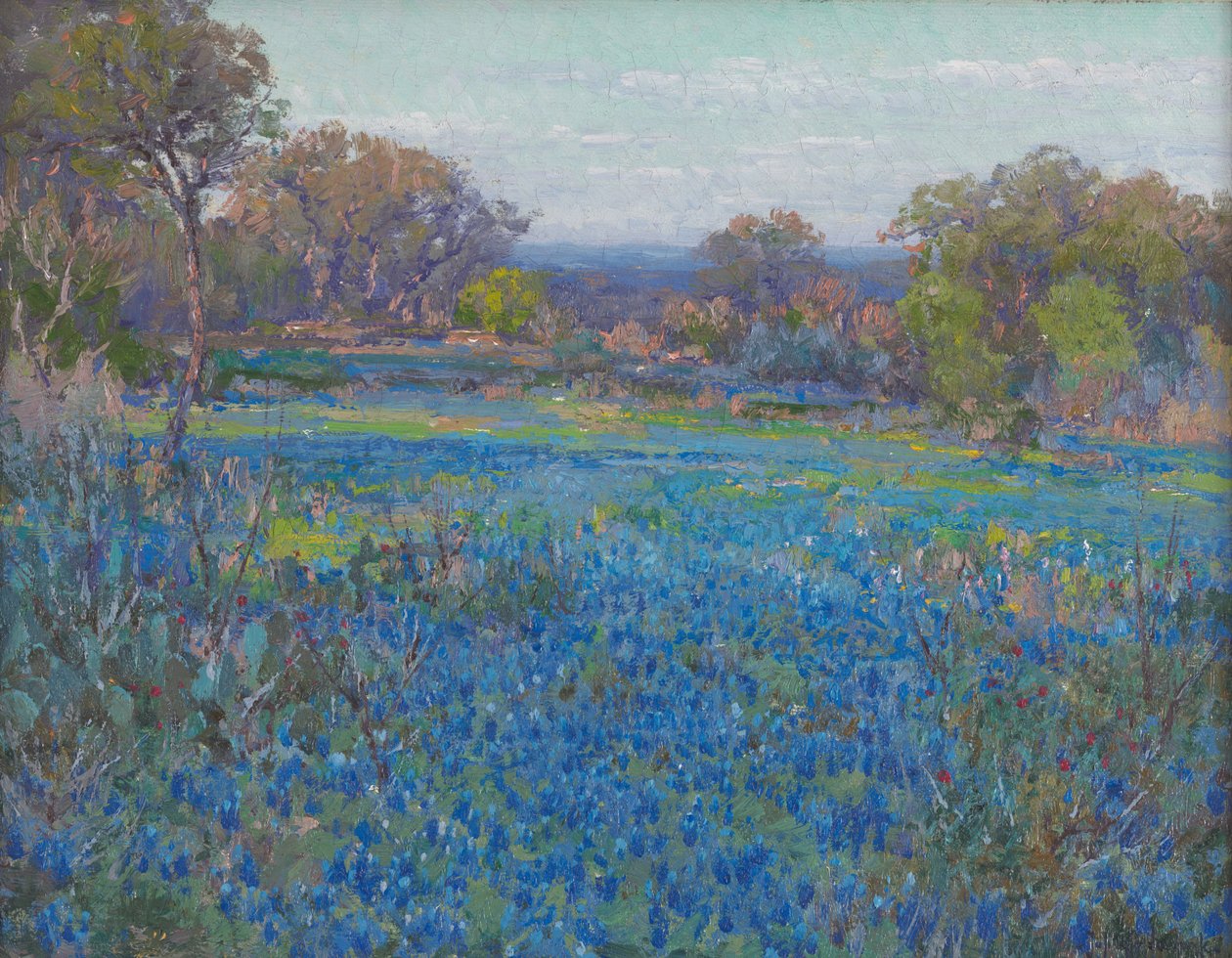 Un campo di Blue Bonnets, luce del tardo pomeriggio da Julian Onderdonk