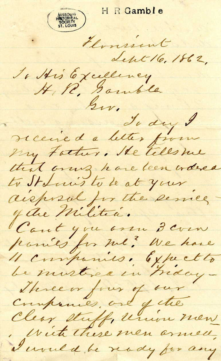 Lettera firmata Julian Bates, Florissant, a Sua Eccellenza H.R. Gamble, 16 settembre 1862 da Julian Bates
