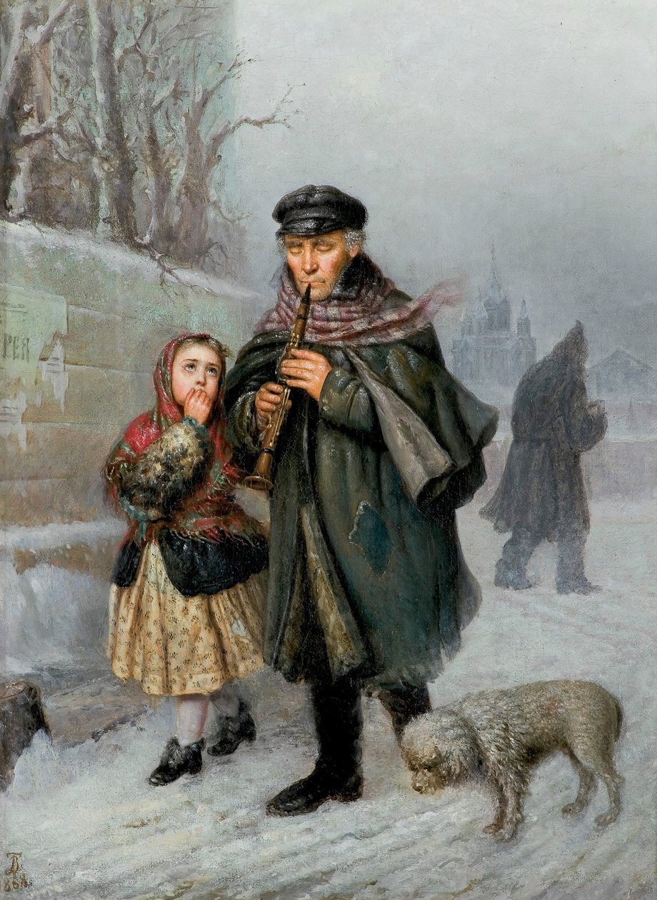 Clarinettista - Scena di strada di San Pietroburgo (clarinettista mendicante con ragazza e cane). da Julian Bończa Tomaszewski