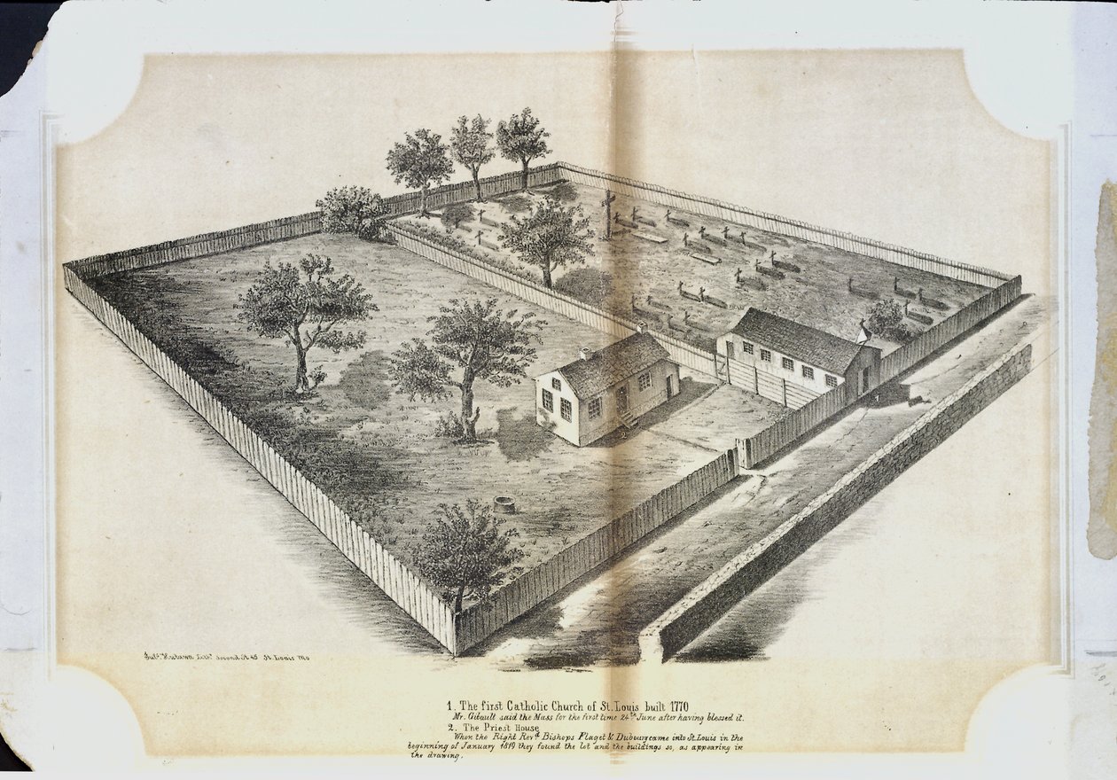 La prima chiesa cattolica a St. Louis costruita nel 1770. Il signor Gibault celebrò la messa per la prima volta il 24 giugno dopo averla benedetta da Julius Hutawa Co.