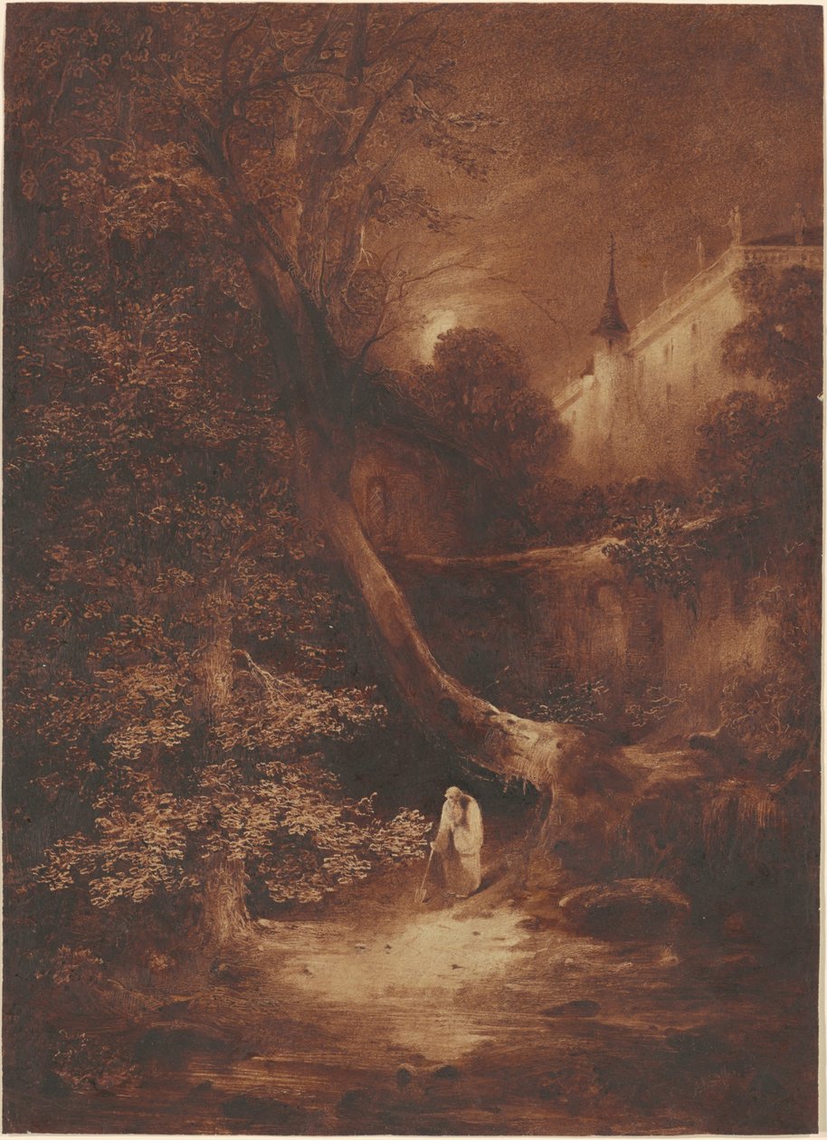Paesaggio al chiaro di luna con un monaco che cammina vicino a un palazzo da Julius Albert Elsasser