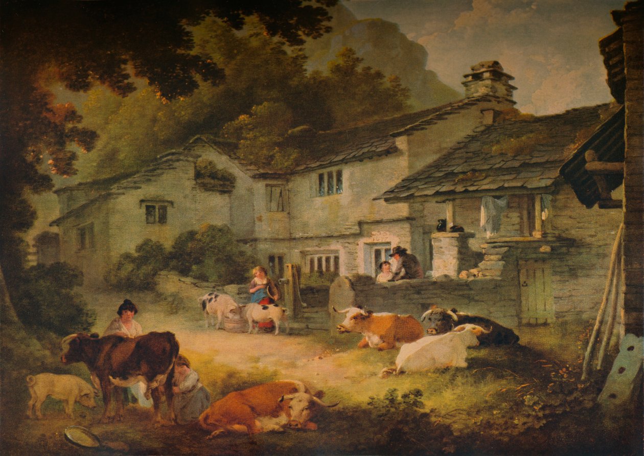 Paesaggio di cottage con bestiame, ad Ambleside, 1803 da Julius Caesar Ibbetson
