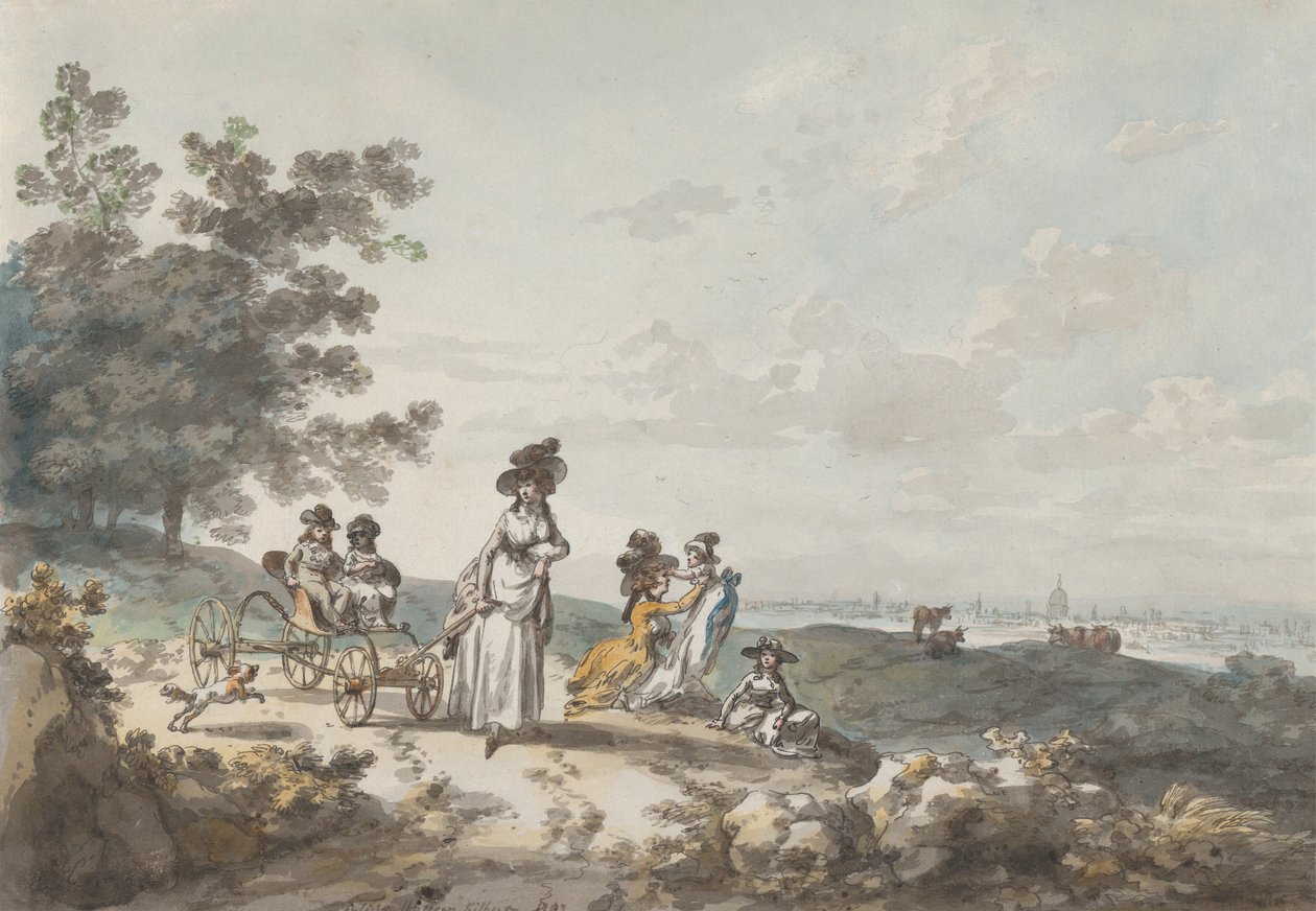 Veduta di Londra con St. Paul in lontananza: Donna e Bambini con Carrozzina, 1787 da Julius Caesar Ibbetson