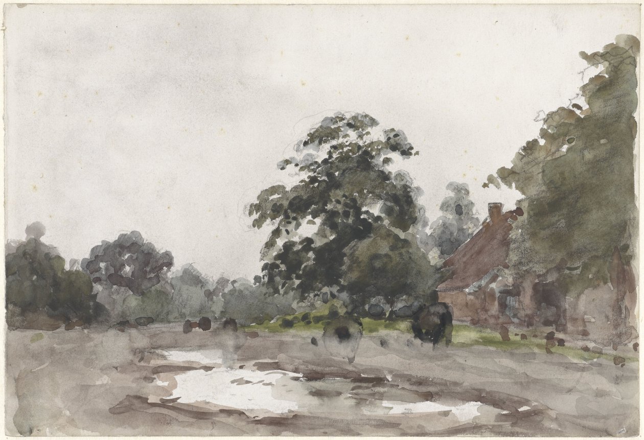 Fattoria sotto alberi alti con acqua in primo piano da Julius Jacobus van de Sande Bakhuyzen