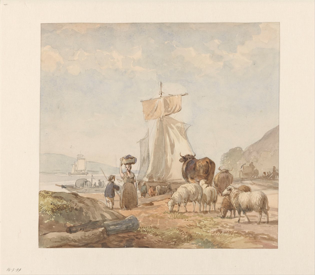 Figure con bestiame sulla riva del fiume con traghetto da Julius Jacobus van de Sande Bakhuyzen